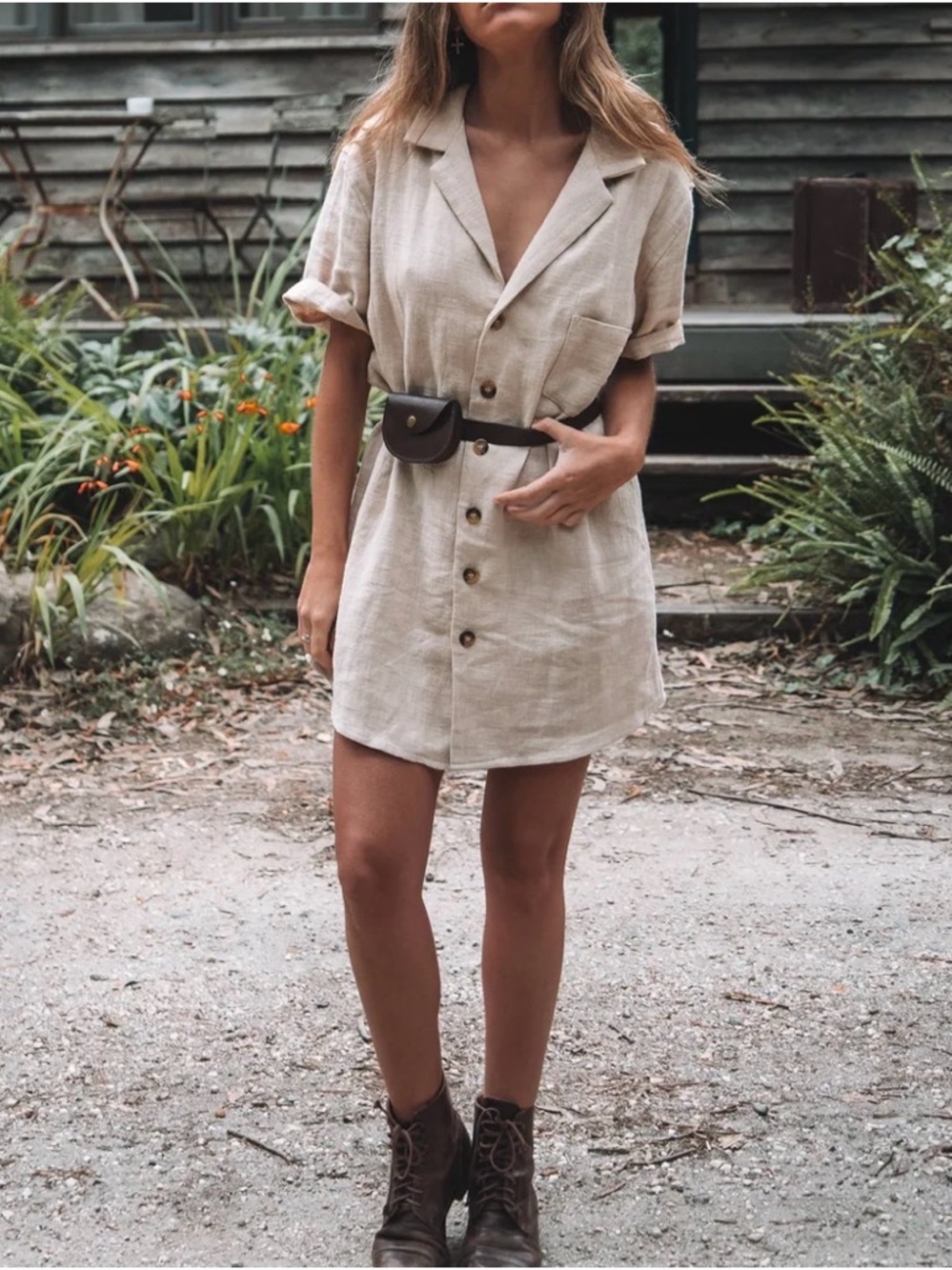 OTTWAY Whistler shirt dress Relaxed Cream Linen Mini Shirt Dress